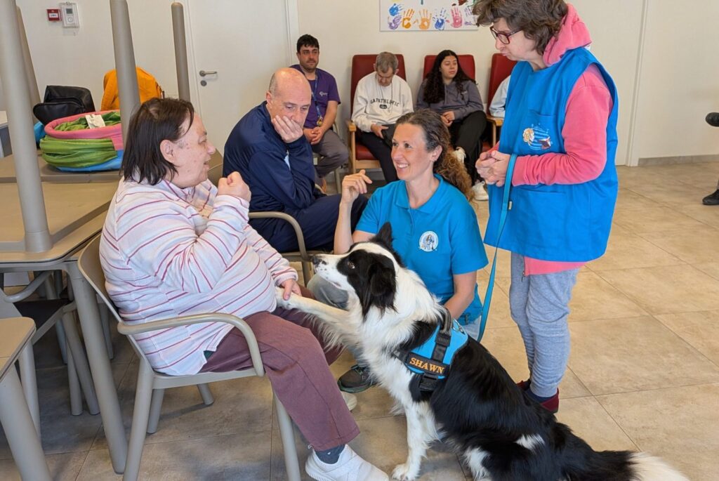 Especialista dirigint una sessió d'intervenció assistida amb gossos amb una usuària.