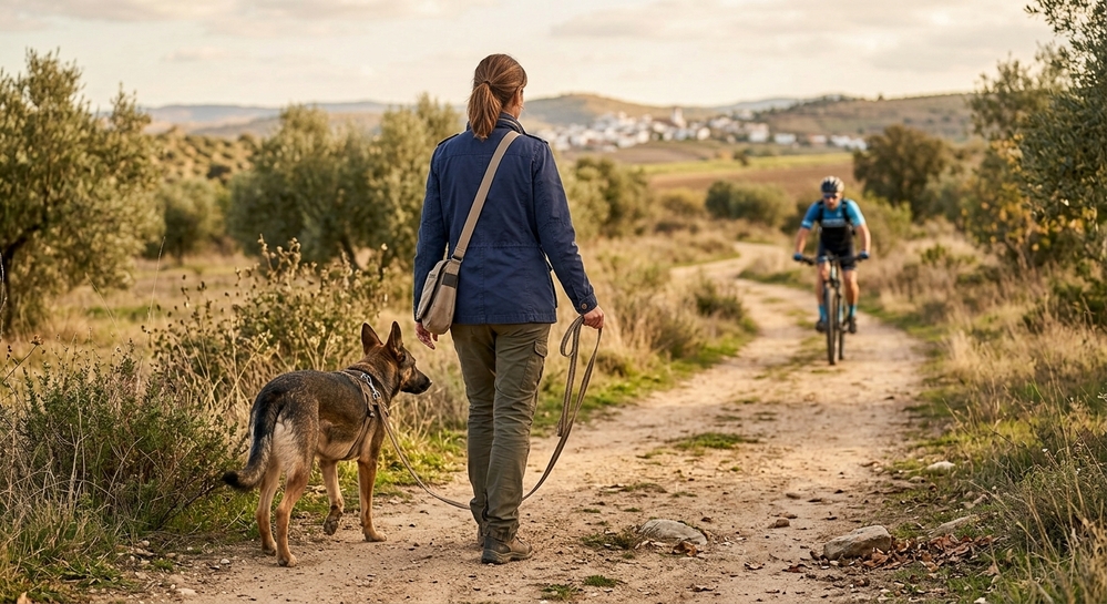 Dona passejant pel camp amb el seu gos amb corretja fluixa mentre un ciclista s'apropa pel camí